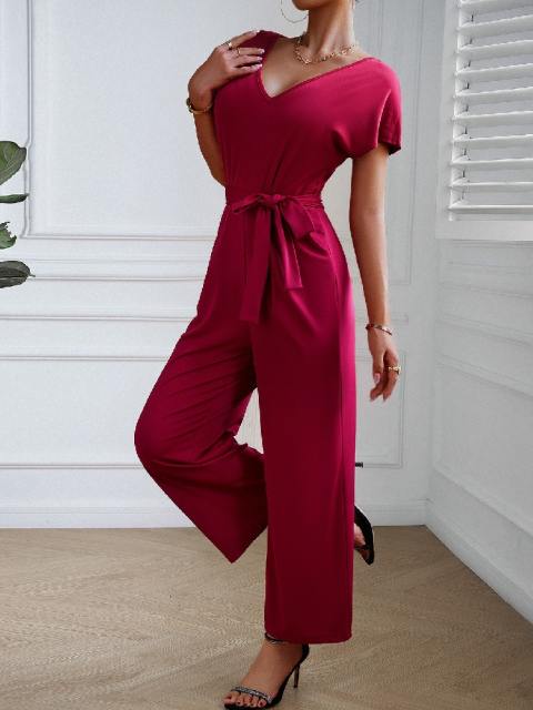 Casual V-Neck Short Sleeve Belted Jumpsuit