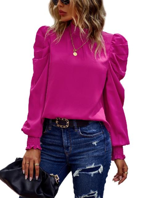 Solid Puff Sleeve Back Tie Blouse