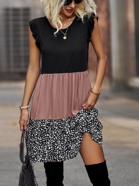 Leopard Color Block Flutter Sleeve Mini Dress