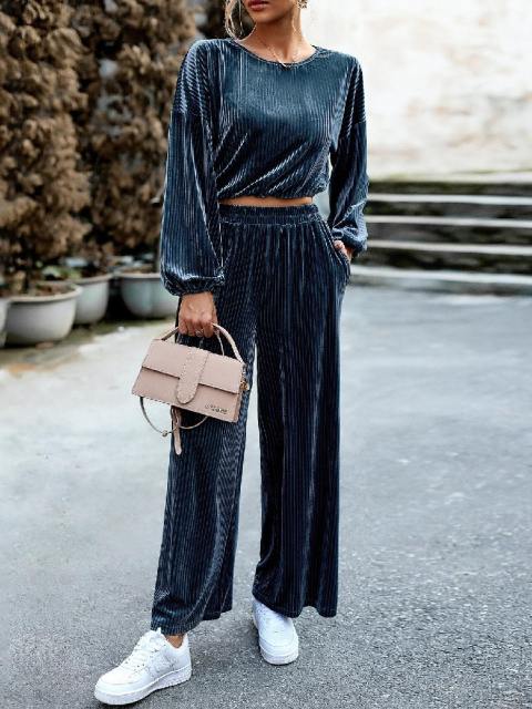 Pleated Top And Wide Leg Pant Set