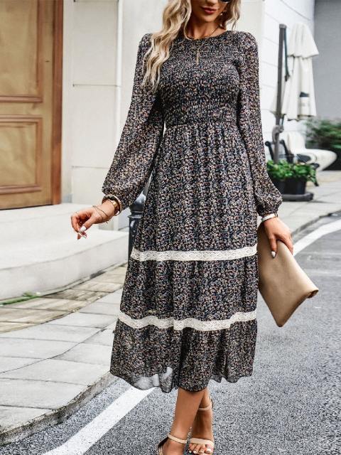 Elegant Printed Lantern Sleeve Long Dress