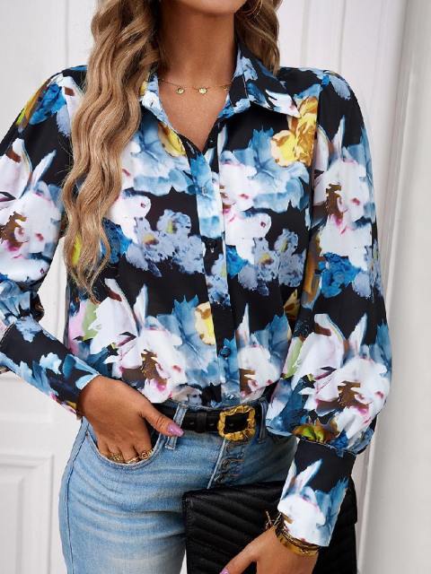 Loose Fitting Polo Neck Printed Shirt Cardigan