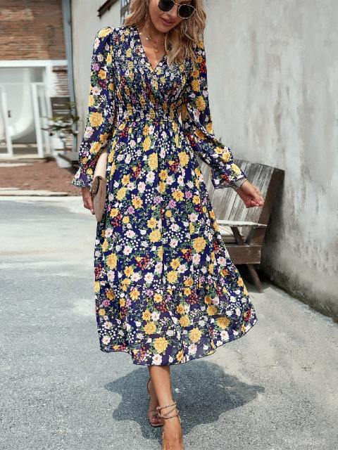 Elegant V-Neck Tiered Floral Midi Dress