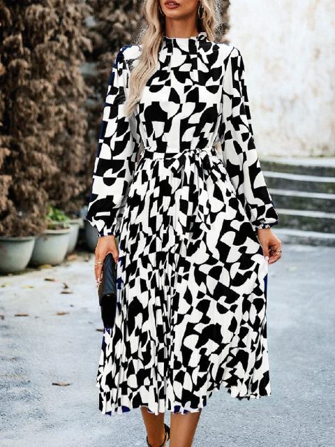 Elegant Ruffle Neck Printed Long Sleeve Dress