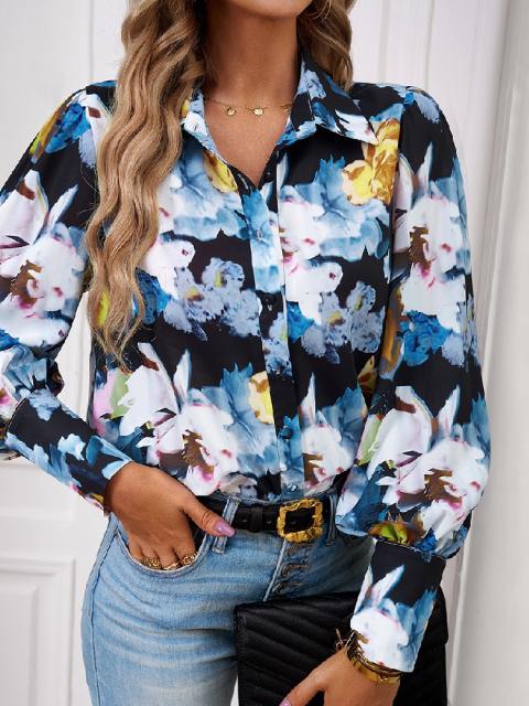 Loose Fitting Polo Neck Printed Shirt Cardigan