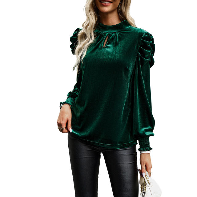 Solid Color Bubble Sleeve Pleated Blouse