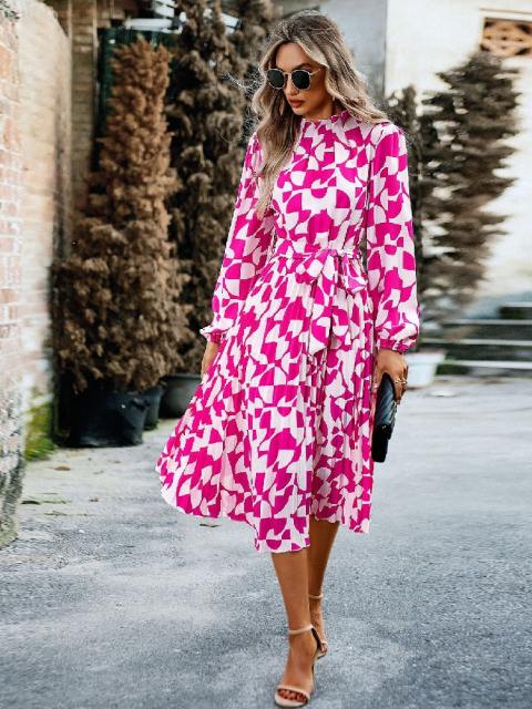 Elegant Ruffle Neck Printed Long Sleeve Dress