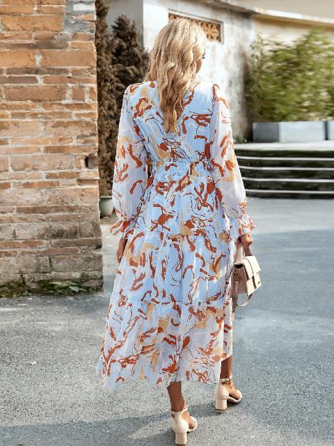 V-Neck Printed Long Sleeve Maxi Dress