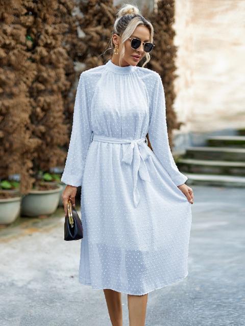 Solid Color Belted White Dot Dress