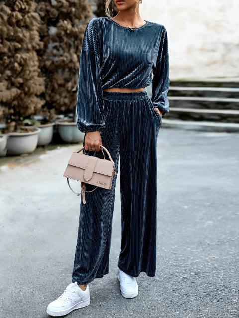 Pleated Top And Wide Leg Pant Set