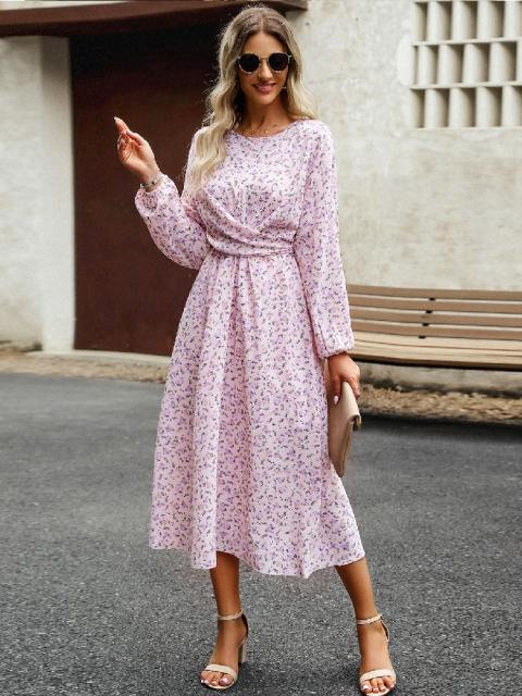 Round Neck Bubble Sleeve Pleated Long Dress