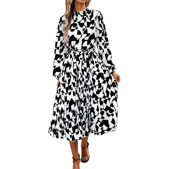 Elegant Ruffle Neck Printed Long Sleeve Dress