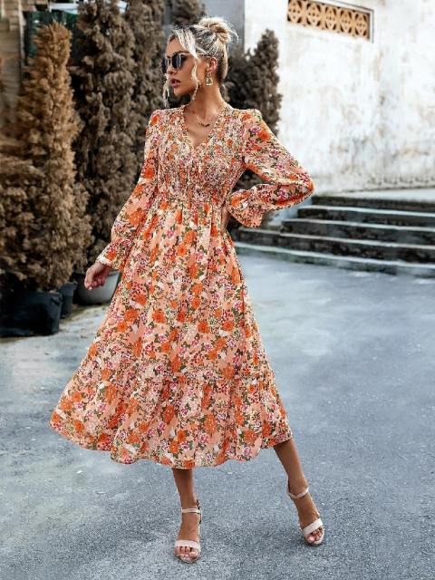 Elegant V-Neck Tiered Floral Midi Dress