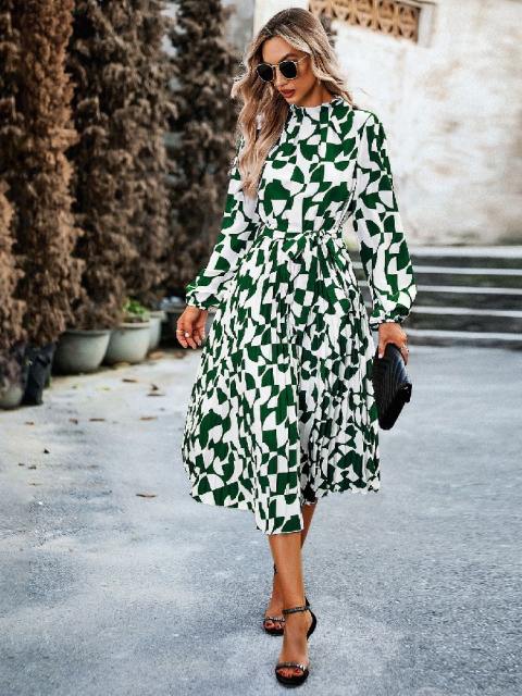 Elegant Ruffle Neck Printed Long Sleeve Dress