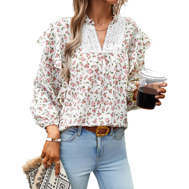 V-Neck Floral Lantern Sleeve Blouse