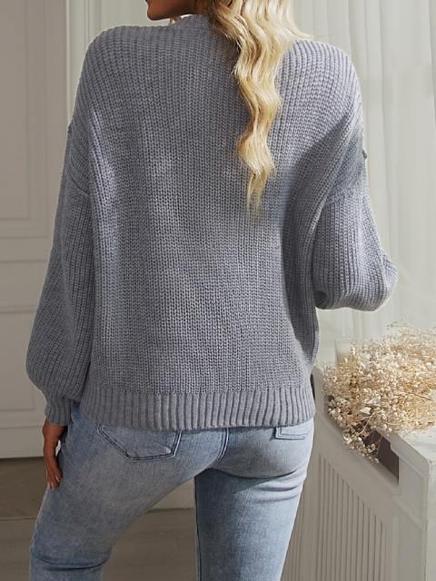 Solid Color Button Lantern Sleeve Sweater