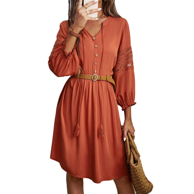 Solid Color V-Neck Ruffled Long Sleeve Dress