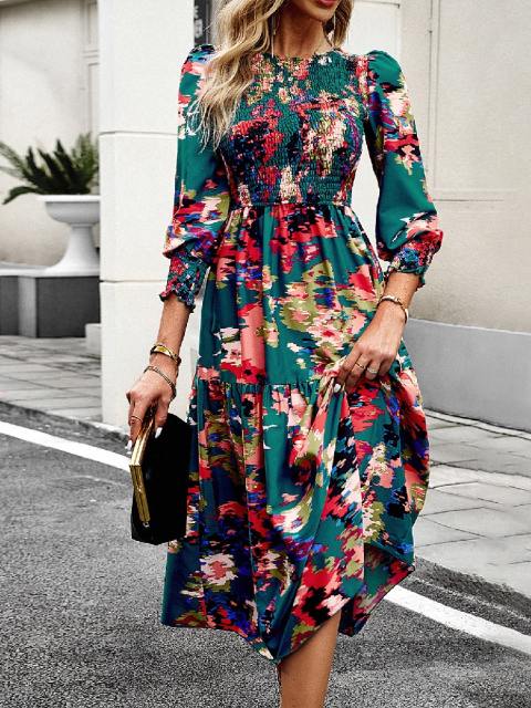 Printed Lantern Sleeve Ruffle Dress