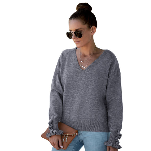Solid Color V-Neck Long Sleeve Sweater