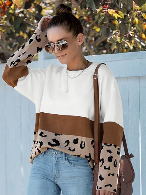 Round Neck Long Sleeve Leopard Print Sweater