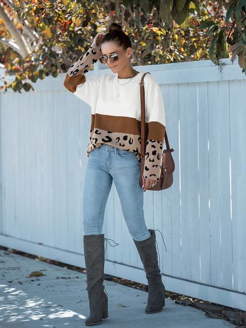 Round Neck Long Sleeve Leopard Print Sweater