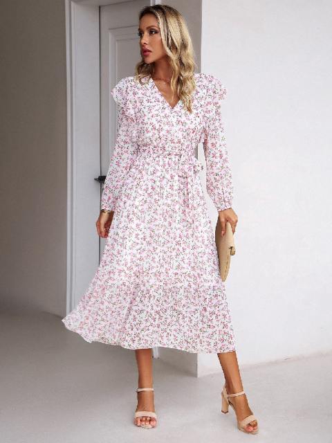 Casual Floral V-Neck Long Sleeve Dress