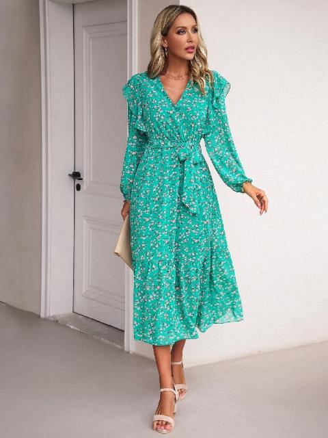 Casual Floral V-Neck Long Sleeve Dress