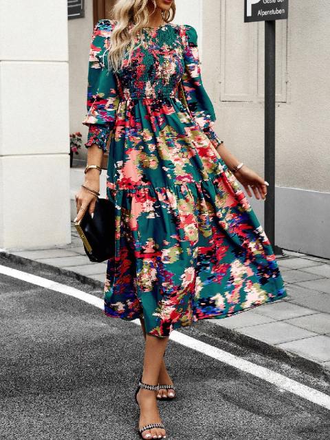 Printed Lantern Sleeve Ruffle Dress