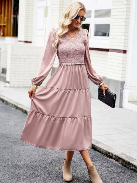 V-Neck Solid Color Lantern Sleeve Dress