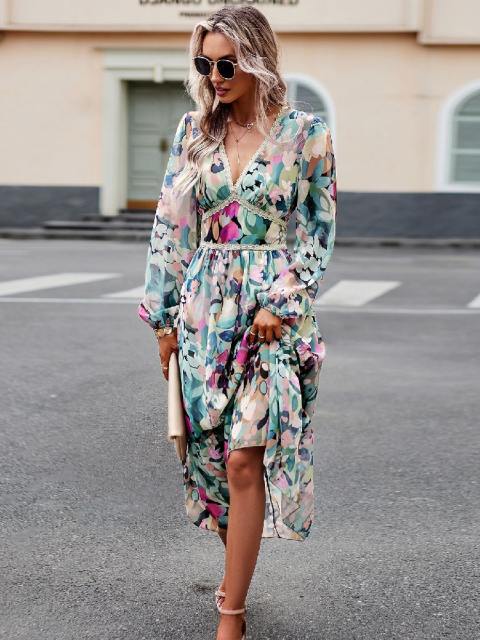 Casual Printed V-Neck Long Sleeve Dress