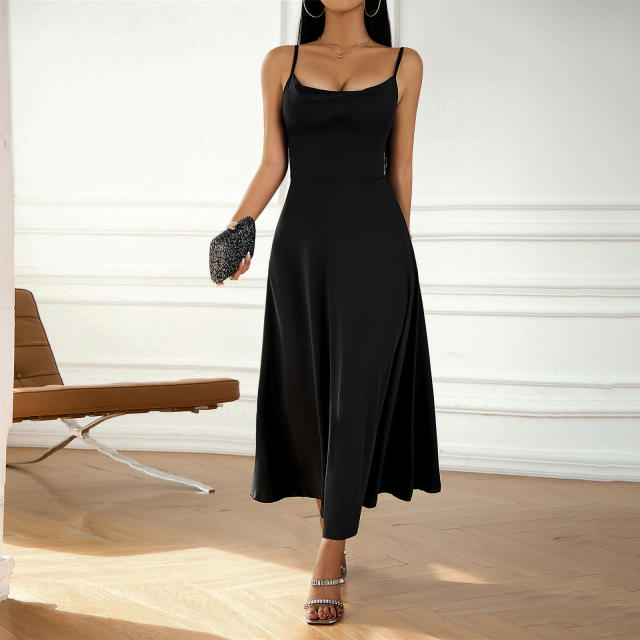 V-Neck High Waist Solid Color Halter Dress