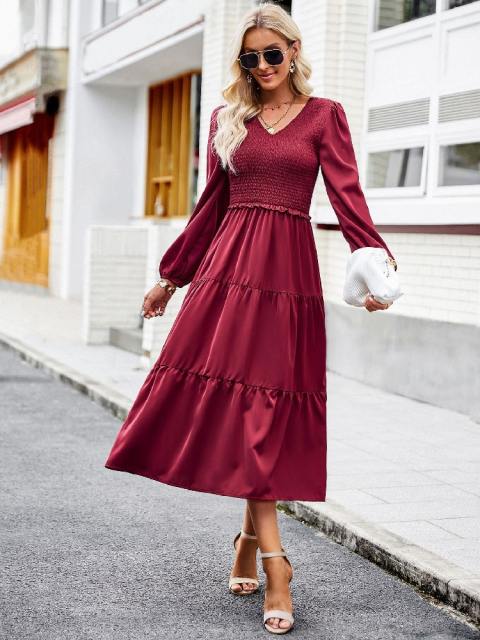 V-Neck Solid Color Lantern Sleeve Dress