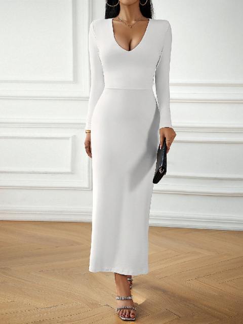 V-Neck Hip Wrap Long Sleeve Dress