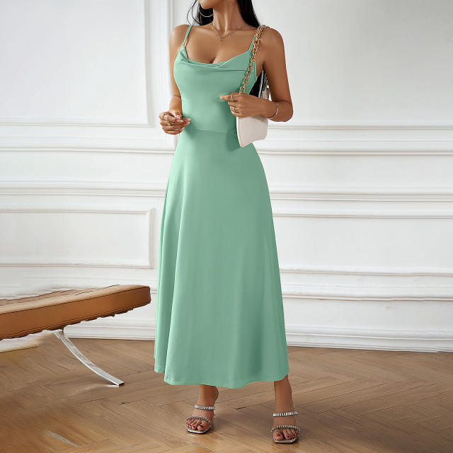 V-Neck High Waist Solid Color Halter Dress