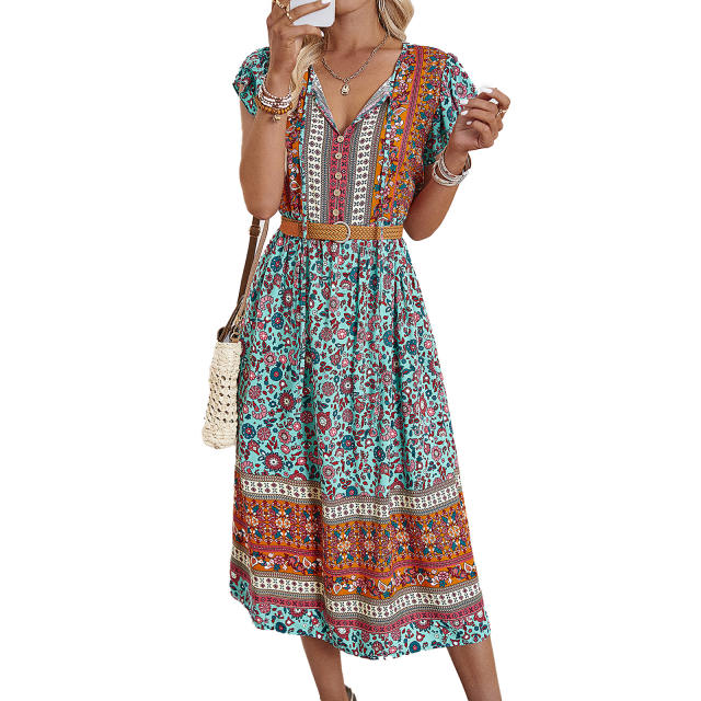 V-Neck Printed Fly Sleeve Midi Dress