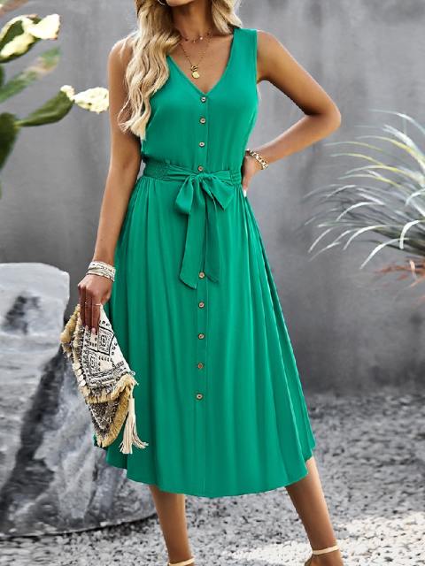 V-Neck Solid Color Sleeveless Lace Up Dress