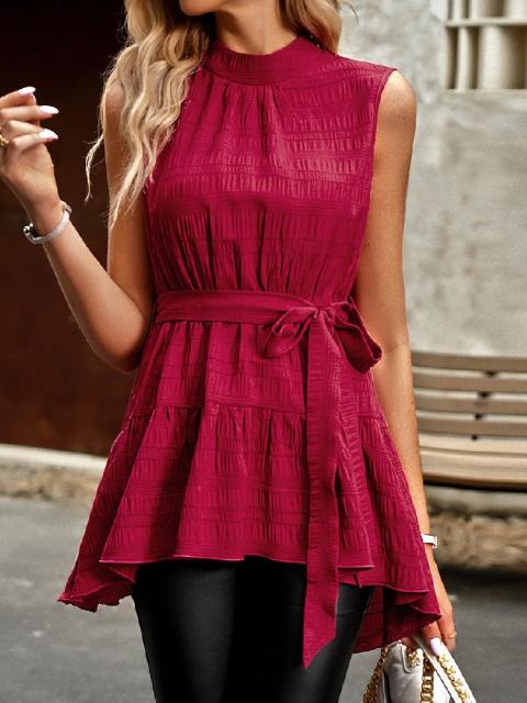 Half High Neck Sleeveless Pressed Blouse