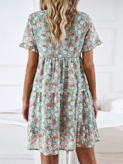 Round Neck Ruffle Sleeve Floral Dress