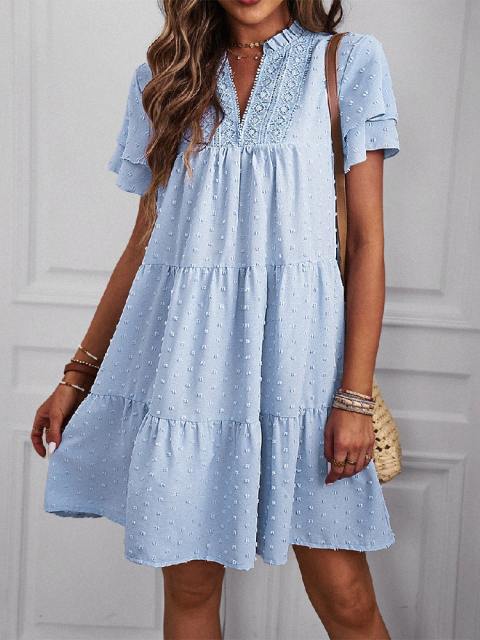 Lace V-Neck Short Sleeve Jacquard Dress