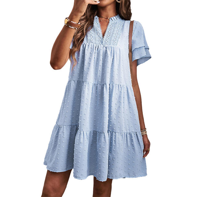 Lace V-Neck Short Sleeve Jacquard Dress