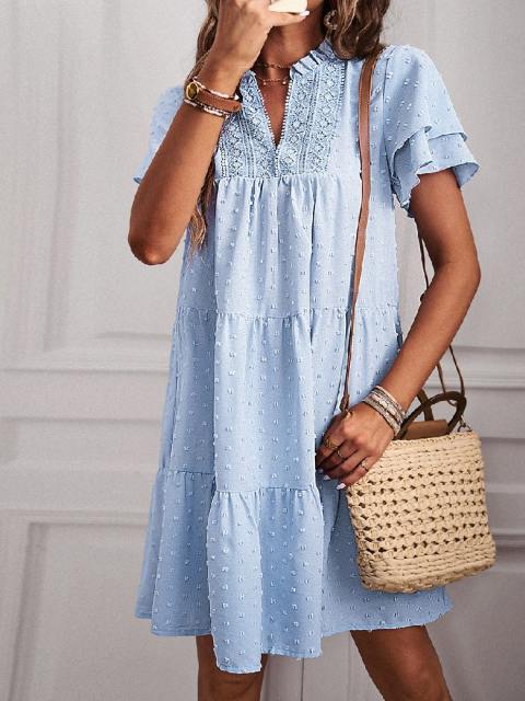 Lace V-Neck Short Sleeve Jacquard Dress