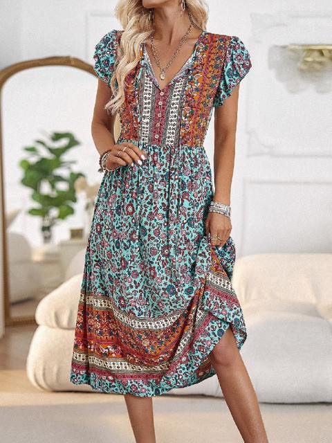 V-Neck Printed Fly Sleeve Midi Dress