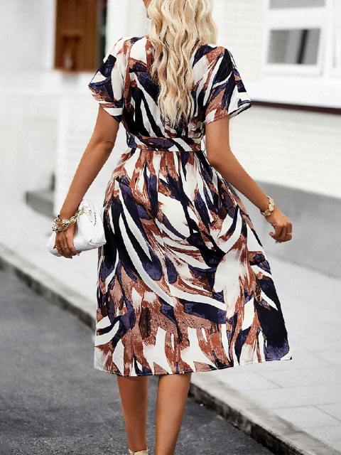 Round Neck Short Sleeve Tie Waist Dress