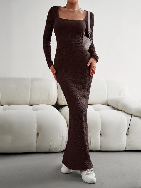 Square Neck Long Sleeve Knit Skinny Dress