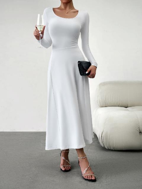 U Neck Solid Color Long Sleeve Dress