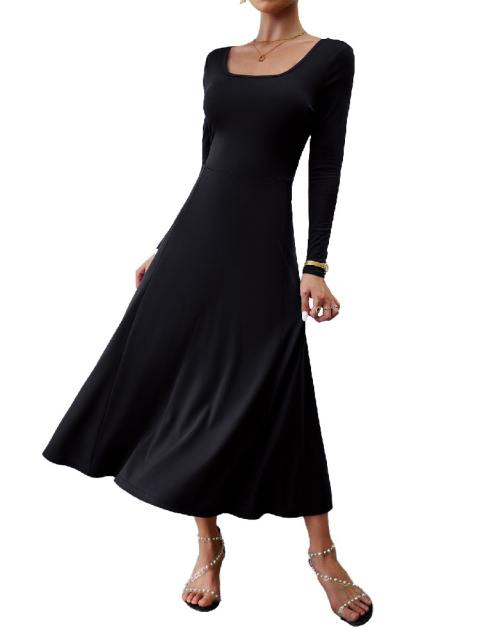 U Neck Solid Color Long Sleeve Dress