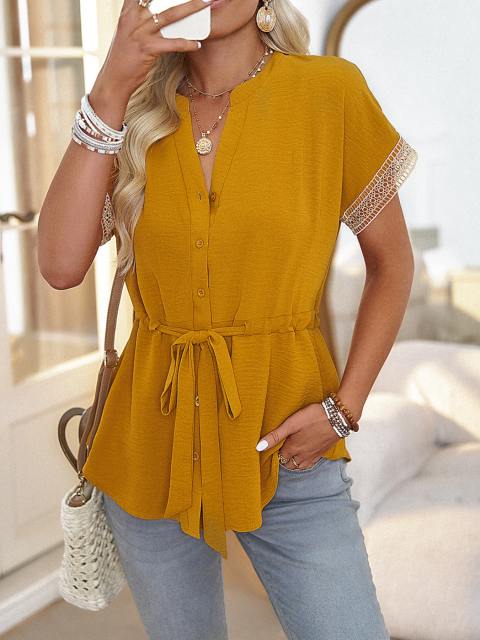 Lace Short Sleeve Button Belted Blouse