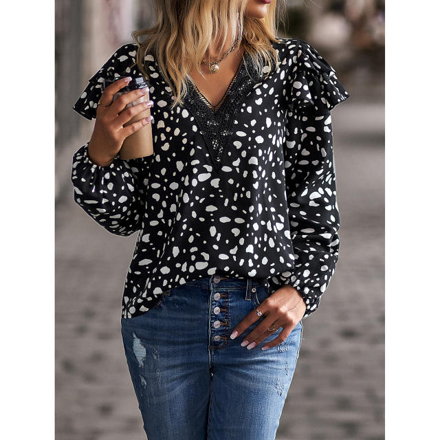 Printed Lace V-Neck Ruffle Sleeve Casual Blouse