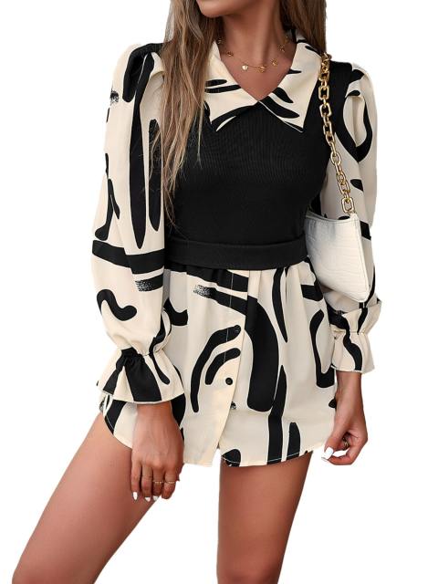 Long Sleeve Button Patchwork Sweater Printed Shirt