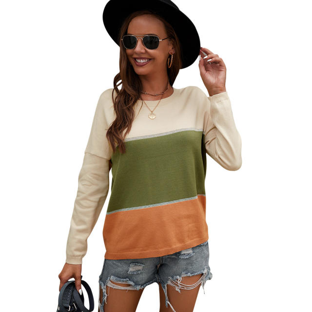 Crew Neck Color Block Long Sleeve Sweater